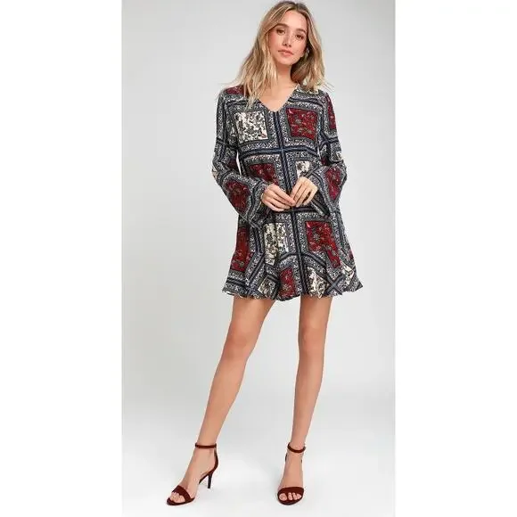 Lulu's Cream and Plum Multi Print Long Sleeve Shift Mini Dress, Sz S - NWT - Picture 12 of 13